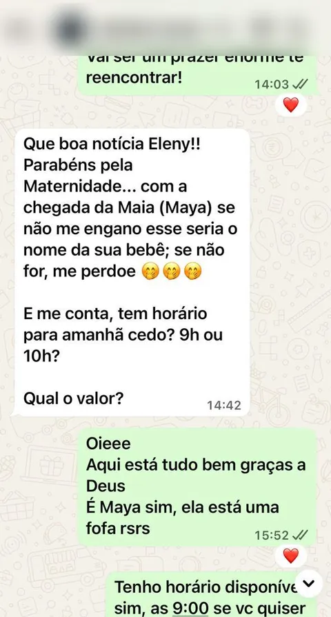 Print real de depoimento de paciente sobre o retorno da Eleny