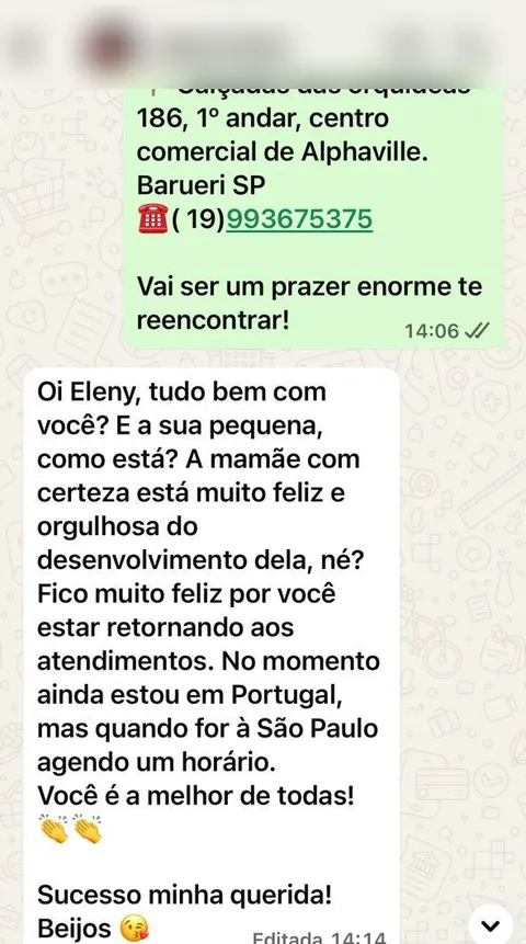 Print real de depoimento de paciente sobre o retorno da Eleny